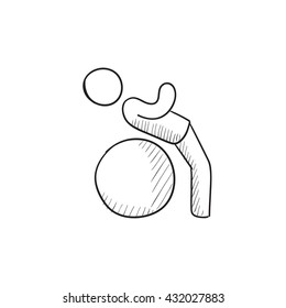 Man doing exercises on gym ball vector sketch icon isolated on background. Hand drawn Man doing exercises on gym ball icon. Man doing exercises on gym ball sketch icon for infographic, website or app.