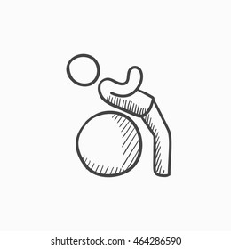 Man doing exercises on gym ball vector sketch icon isolated on background. Hand drawn Man doing exercises on gym ball icon. Man doing exercises on gym ball sketch icon for infographic, website or app.