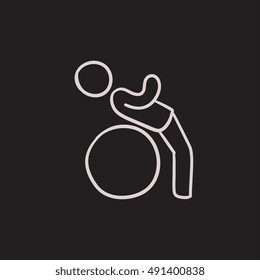 Man doing exercises on gym ball vector sketch icon isolated on background. Hand drawn Man doing exercises on gym ball icon. Man doing exercises on gym ball sketch icon for infographic, website or app.