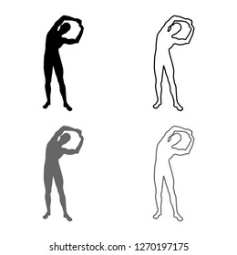 Man doing exercises tilts to the side Sport action male Workout silhouette yoga front view icon outline set grey black color