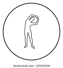 Man doing exercises tilts to the side Sport action male Workout silhouette yoga front view icon black color outline vector illustration flat style simple image in circle round