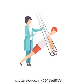 Man doing exercises using special ropes for intense body training, trx training, healthy lifestyle and rehabilitation cartoon vector illustration