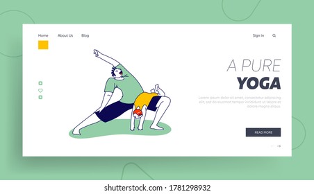 Man Doing Exercises or Yoga Together with Little Baby Landing Page Template. Male Character Conducting Healthy Lifestyle Doing Stretching Lunges with Child on Knee. Linear People Vector Illustration