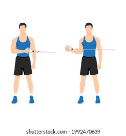 Man doing External cable shoulder rotation exercise. Flat vector illustration isolated on white background