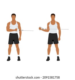 Man doing External cable shoulder rotation exercise. Flat vector illustration isolated on white background