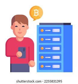 Hombre haciendo chat financiero en un icono plano