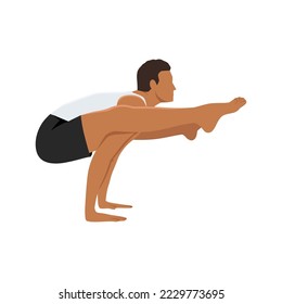 Man doing Firefly Pose Variation. Practice Tittibhasana Variation. Flat vector illustration isolated on white background