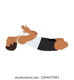 Man doing Fish Pose Lotus legs and namaste hands. Beautiful girl practice Matsyasana Variation Padmasana Elbows. Flat vector illustration isolated on white background