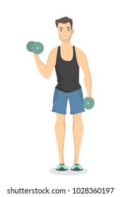 Man doing fitness exercises with dumbbells on white.