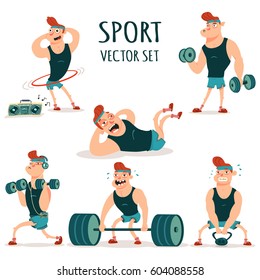 Man doing fitness exercises with dumbbells, barbell, weight and hula hoop. Cute guy cartoon vector character set isolated on a white background. Healthy lifestyle and sport illustration.