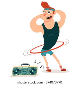 Man doing fitness exercises with hula hoop and listening to tape recorder. Cute guy cartoon vector character isolated on a white background. Healthy lifestyle and sport illustration.