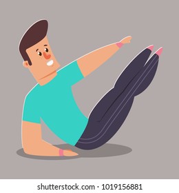 Man doing fitness exercises swings the press. Cute guy cartoon vector character isolated on background. Healthy lifestyle and sport illustration.