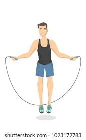 Man doing fitness. Jumping on jump rope.