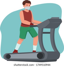 Man Is Doing Fitness On Treadmill While Using Medical Mask