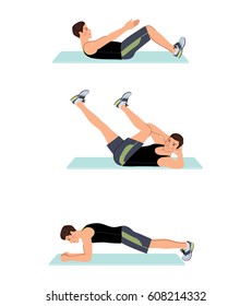 Man Doing Fitness Workout. Press Ups, Crunches, Plank And Sit Ups Set. Vector Illustration