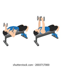 Man doing Flat bench dumbbell flyes exercise. Flat vector illustration isolated on white background