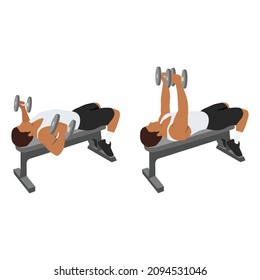 Man doing Flat bench dumbbell flyes exercise. Flat vector illustration isolated on white background