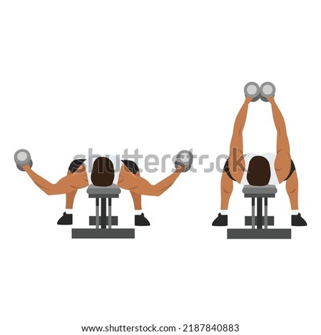 Man doing Flat bench dumbbell fly exercise. top view. Flat vector illustration isolated on white background