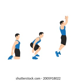 Man doing Floor. Power jumps. Knee to jump squats exercise. Flat vector illustration isolated on white background