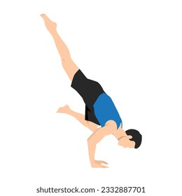Man doing Flying crow pose. Flat vector illustration isolated on white background