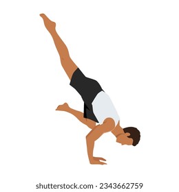 Man doing Flying crow pose. Flat vector illustration isolated on white background