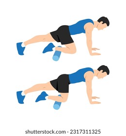 Man doing foam roller anterior tibialis or shin stretch. Flat vector illustration isolated on white background