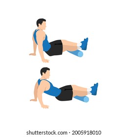 Man doing Foam roller calf. Calves stretch exercise. Flat vector illustration isolated on white background