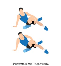 Man doing Foam roller flutes. butt stretch exercise. Flat vector illustration isolated on white background