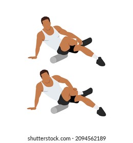 Man doing Foam roller flutes. butt stretch exercise. Flat vector illustration isolated on white background