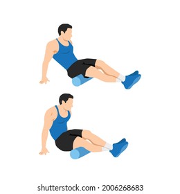 Man doing Foam roller hamstring stretch exercise. Flat vector illustration isolated on white background