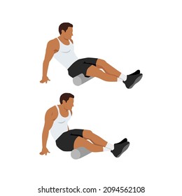 Man doing Foam roller hamstring stretch exercise. Flat vector illustration isolated on white background