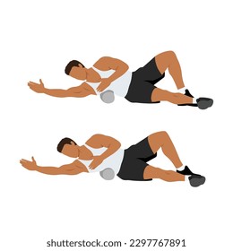 Man doing foam roller lat stretch exercise. Flat vector illustration isolated on white background