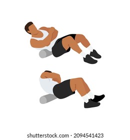 Man doing Foam roller lower back stretch exercise. Flat vector illustration isolated on white background