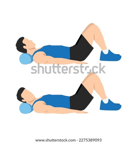 Man doing foam roller neck release exercise. Flat vector illustration isolated on white background