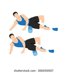 Man doing Foam roller outer thighs stretch exercise. Flat vector illustration isolated on white background