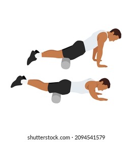 Man doing Foam roller quadriceps stretch exercise. Flat vector illustration isolated on white background