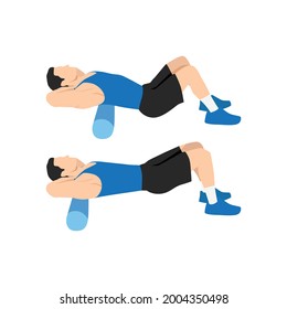 Man doing Foam roller upper back stretch exercise. Flat vector illustration isolated on white background