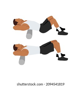 Man doing Foam roller upper back stretch exercise. Flat vector illustration isolated on white background