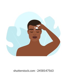 Man doing forehead massage along line with arrow using gua sha vector illustration