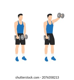 Man doing Forward. front shoulder single dumbbell raises exercise. Flat vector illustration isolated on white background