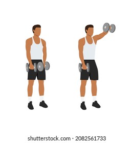 Man doing Forward. front shoulder single dumbbell raises exercise. Flat vector illustration isolated on white background