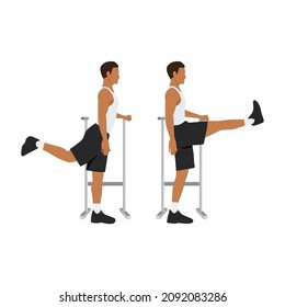 Man doing Forward leg hip exercise. Flat vector illustration isolated on white background