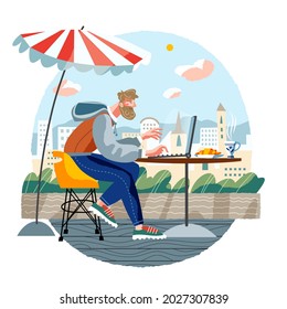 Hombre haciendo trabajo independiente en la terraza de la cafetería. Un chico joven trabajando con una computadora en una ilustración vectorial en línea de escritorio. Escenario de estilo de vida moderno, remoto lugar de trabajo de negocios con café al aire libre.