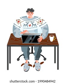 Hombre haciendo trabajo independiente en casa. Hombre joven trabajando con laptop y café en la ilustración vectorial en línea del escritorio. Escenario de estilo de vida moderno, remoto lugar de trabajo de negocios en casa.