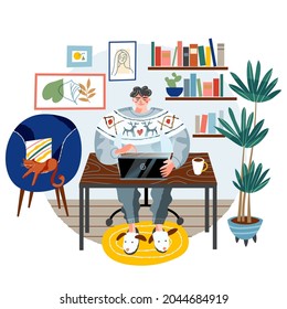Man doing freelance work at home. Young guy working with laptop and coffee on desk online vector illustration. Modern lifestyle scene, remote business workplace with cat at house.