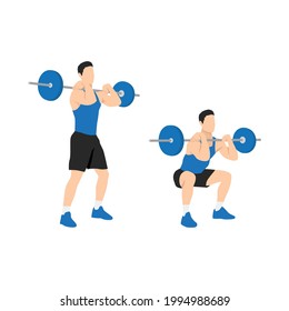 Man doing Front barbell squat exercise. Flat vector illustration isolated on white background