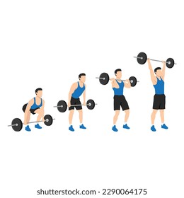 Man doing full barbell clean and presses or jerk or overhead presses. Flat vector illustration isolated on white background