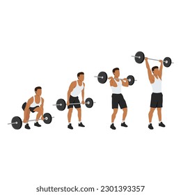 Man doing full barbell clean and presses or jerk or overhead presses. Flat vector illustration isolated on white background