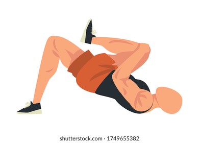 Man Doing Glute Exercise with Hip Raise, Side View of Male Athlete Doing Sports for Fit Body, Buttock Workout Vector Illustration on White Background