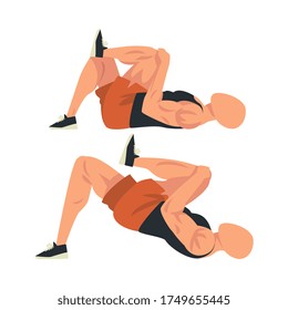 Man Doing Glute Exercise with Hip Raise in Two Steps, Male Athlete Doing Sports for Fit Body, Buttock Workout Vector Illustration on White Background